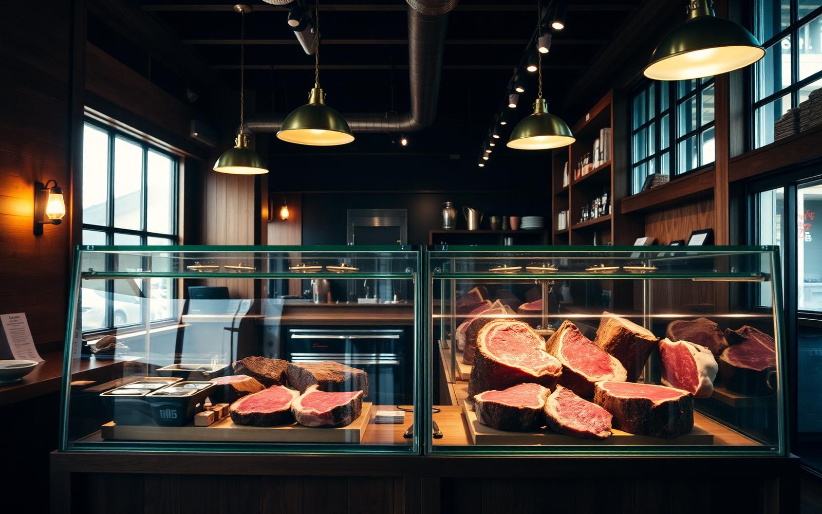 Chops butchery counter in Denver with dry-aged beef on display