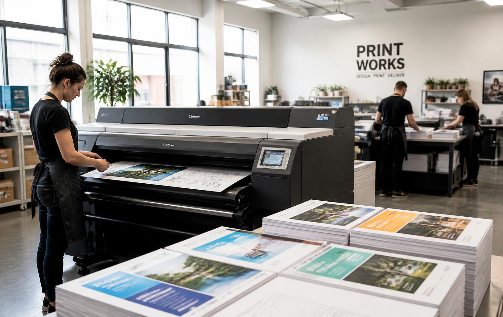 Printing press running brochures inside the InstaPrints shop in Albany, New York